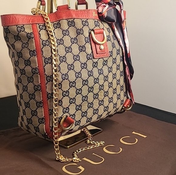 GUCCI VINTAGE 90'S ABBEY TAN CANVAS W NAVY GG DIAMANTE, RED LEATHER/GOLD HRDWR - Picture 7 of 14